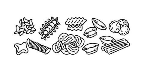 Collection of hand drawn pasta shapes isolated on white background