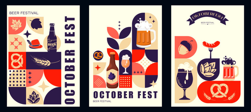 Oktoberfest beer festival poster set Modern geometric design with beer mugs bottles pretzels sausages hops autumn leaves and festive symbols. Colorful Oktoberfest Beer and Food Vector Illustrations