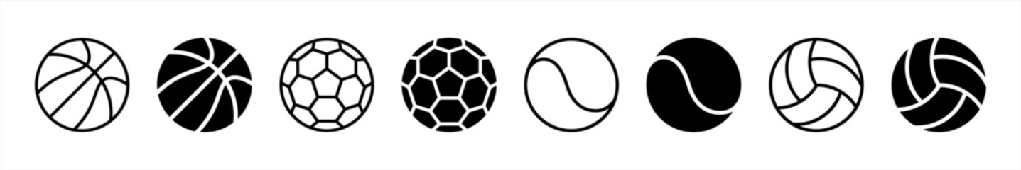Fototapeta premium Sport ball icon collections in line style. Football, soccer ball, basketball, volleyball, tennis ball symbol. sport, competition, champion, championship, tournament, recreation, exercise signs vector