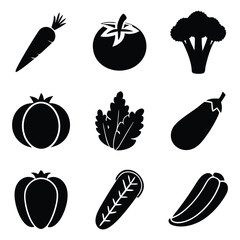 Collection of nine black and white silhouette icons representing various fresh vegetables on a white background