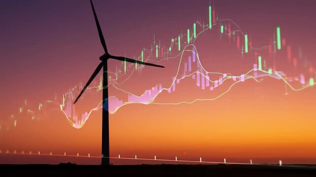 A silhouetted wind turbine stands before an orange sky overlaid with a financial chart showing price fluctuations