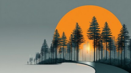 minimal background illustration of hazy mountains and pine forest sunrise landscape