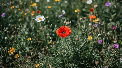 Bright red poppy surrounded by diverse wildflowers in bloom