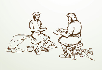 Vector drawing. Jacob gives soup to Esau