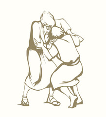 Vector drawing. Man fight with Angel