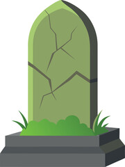 Cracked green tombstone with grass isolated on transparent background