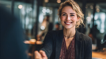 Obraz premium businesswoman shaking hands with colleague in meeting room