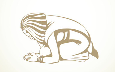 Vector drawing. Egyptian girl bow in praying