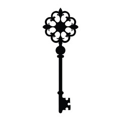 Antique ornate black key silhouette isolated on white background