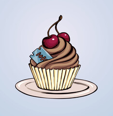 Vector drawing. Cake with cherries and razor blade