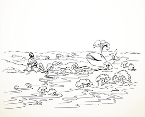 Vector drawing. A man on the shore after a shipwreck