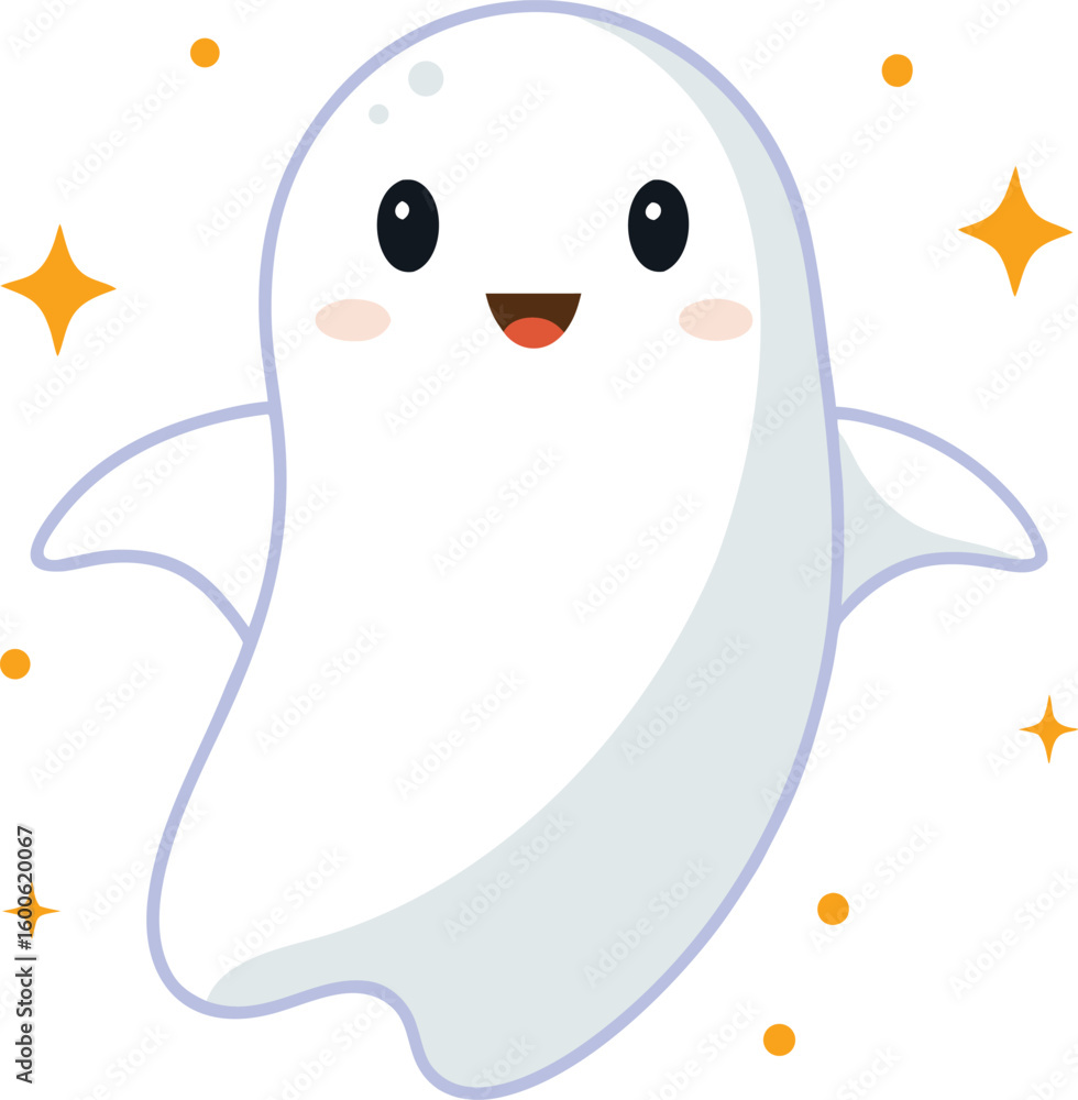 Poster friendly white ghost floating with sparkles isolated on transparent background