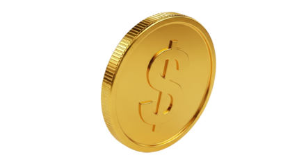 3D golden coin standing upright with engraved dollar sign symbolizing economy, digital asset, investment, currency or wealth on transparent background
