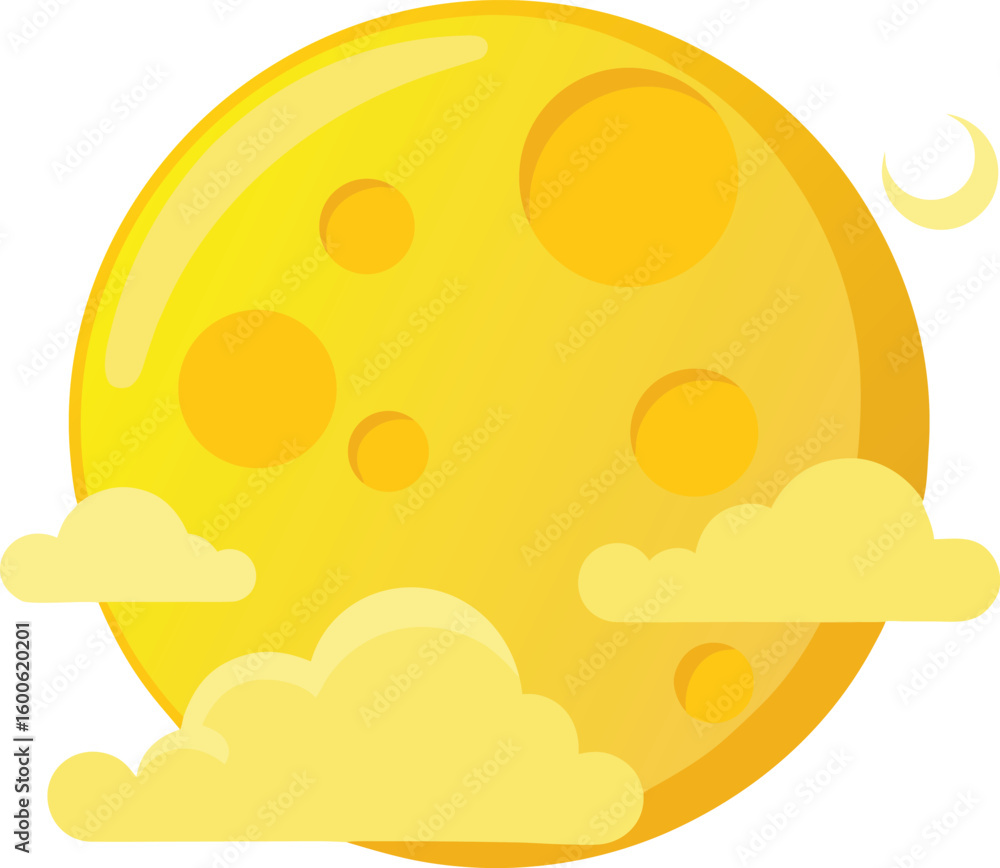 Poster full yellow moon with subtle cloud wisps isolated on transparent background