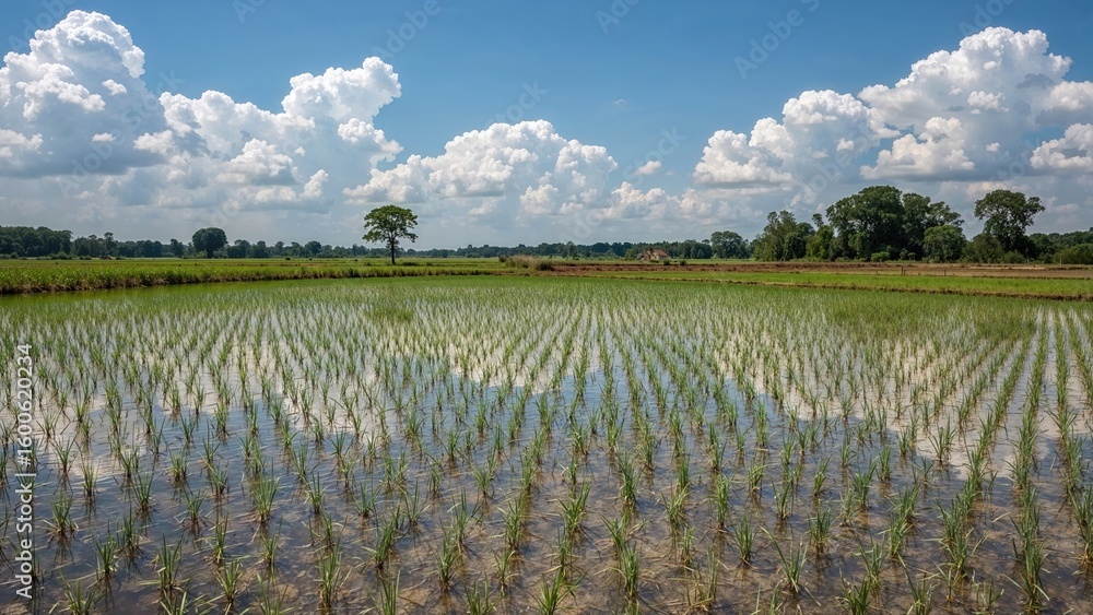 Poster remote flooded fields without crops surrounded by nature and trees during spring