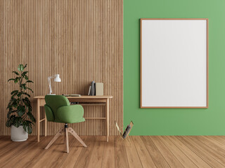 Eco-style workspace with green chair and books, white frame on green and wood accent wall
