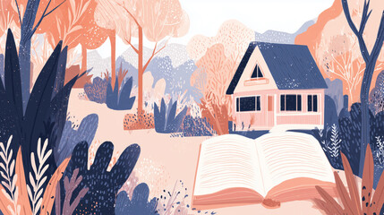 A cozy house nestled in a forest with an open book in the foreground, surrounded by vibrant foliage.