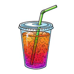 Colorful drink in disposable cup with straw and ice cubes  