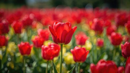 Fototapeta premium Lush red tulip blooming surrounded by a colorful array of flowers, charming spring garden scene with soft focus