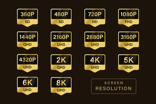 Vector icon set of screen resolutions and video quality formats from 360p to 8K display