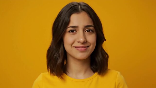 Young woman displays various facial expressions against yellow background, showcasing range of human emotion and subtle nonverbal communication
