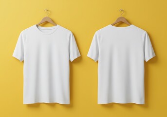 Plain white crew neck t-shirt template. Front and back view of a blank shirt for apparel design mockup on a yellow background.