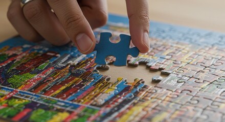 Fototapeta premium Jigsaw puzzle piece held above incomplete puzzle, hand visible