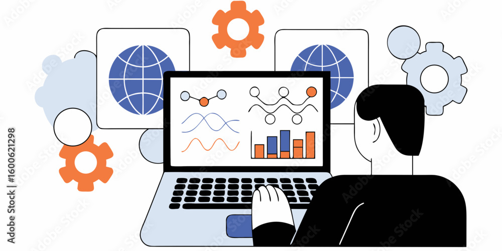 Poster vector business professional analyzing global data trends on laptop with graphs and gears in backgro