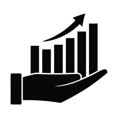 Hand holding a rising bar graph with an upward arrow symbolizing growth