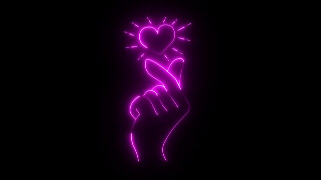 Glowing Neon Finger Heart Sign with Love Symbol, Pink Neon Hand Gesture with Heart Glow on Black Background, Romantic Neon Finger Heart Illustration in K‑Pop Style, Neon Love Sign &ndash; Finger Heart with 
