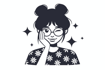 Smiling Asian girl with space buns and floral shirt playfully winks one eye