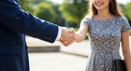Businesspeople shaking hands outdoors with a smiling woman in floral dress