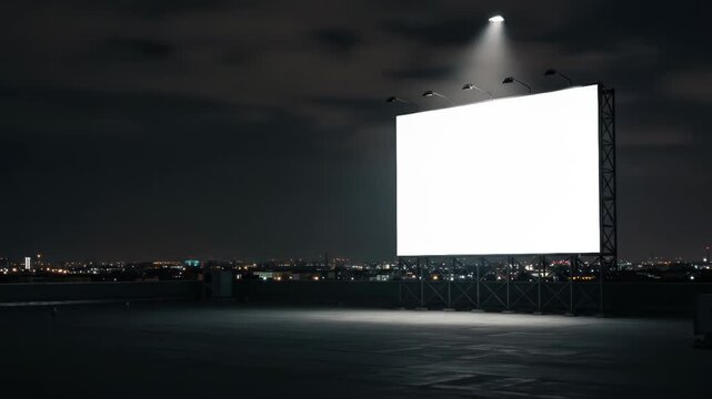 Blank billboard on a rooftop at night, lit by spotlights, overlooking a city skyline