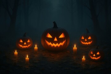 Glowing jack-o'-lanterns are arranged in a dark, misty forest, surrounded by flickering candles, creating an eerie Halloween atmosphere with autumn leaves scattered on the ground