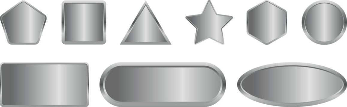 collection of various silver metallic 3d shapes including stars, circles, rectangles, and polygons isolated on white background	