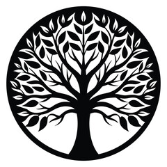 Black and white stylized tree of life design within a circle