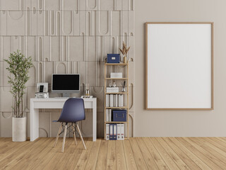 Functional workspace with bookshelf, computer desk, and blank picture frame on textured wall