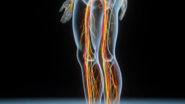 A detailed 3D rendering of the human nervous and circulatory systems in the lower body and torso, showcasing anatomical structures.