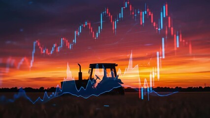 A tractor silhouette against a sunset sky overlaid with stock market charts - Powered by Adobe