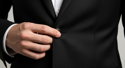 Tailored Suit Detail: Hand Adjusting Black Jacket Button, Formal Wear