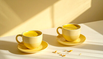Warm turmeric latte served in two pastel ceramic cups on light cream table with natural soft shadows
