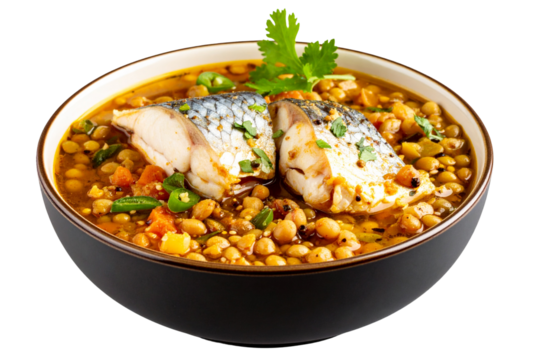 Fish Head Cooked with Lentils (Macher Matha Diye Dal), Rich Texture, Transparent Background