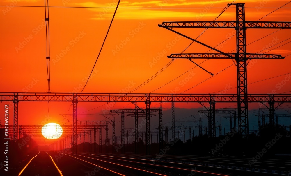 Poster vibrant sunset behind a complex network of power lines and railway tracks creating a striking silhou