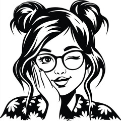 Winking woman with glasses and space buns presents playful monochrome face
