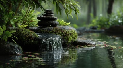 A zen stone stack next to a small waterfall, set in a peaceful nature scene, evoking a sense of tranquility and balance