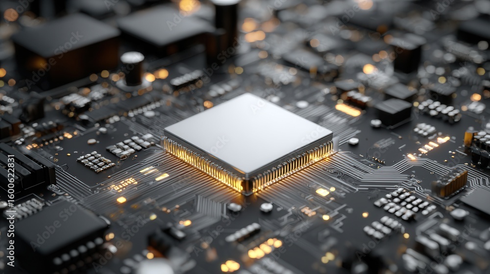 Poster close-up shot of a central processing unit (cpu) with intricate circuitry illuminated