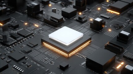 Close-up of a central processing unit (CPU) on a computer circuit board, demonstrating complex technology. The circuit board has intricate details with glowing lights and dark shades.