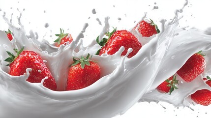 Fresh strawberries splashing and mixing with milk, creating a delightful and dynamic composition
