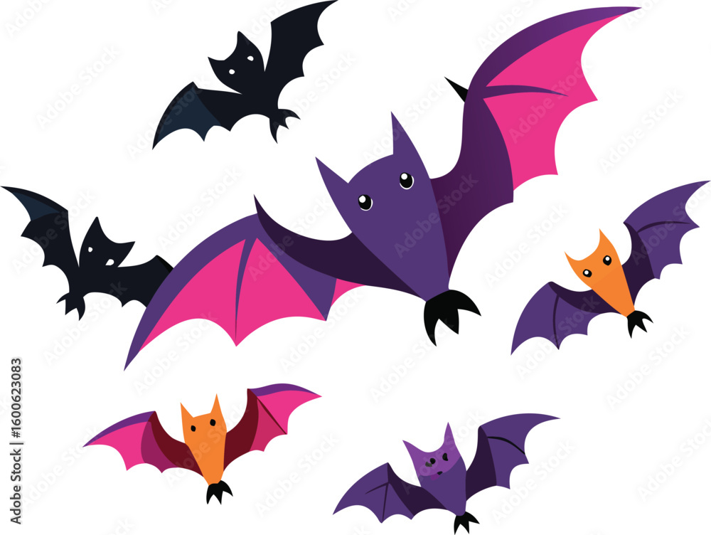 Poster a swarm of tiny multicolored bats flying in formation isolated on transparent background