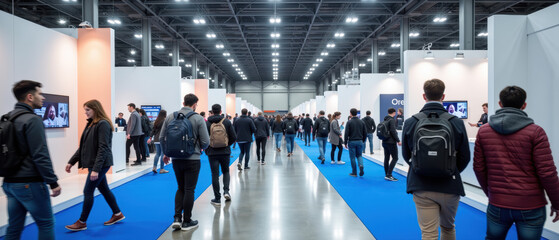 Bustling exhibition hall filled with attendees walking along blue carpet, surrounded by white display booths showcasing various products